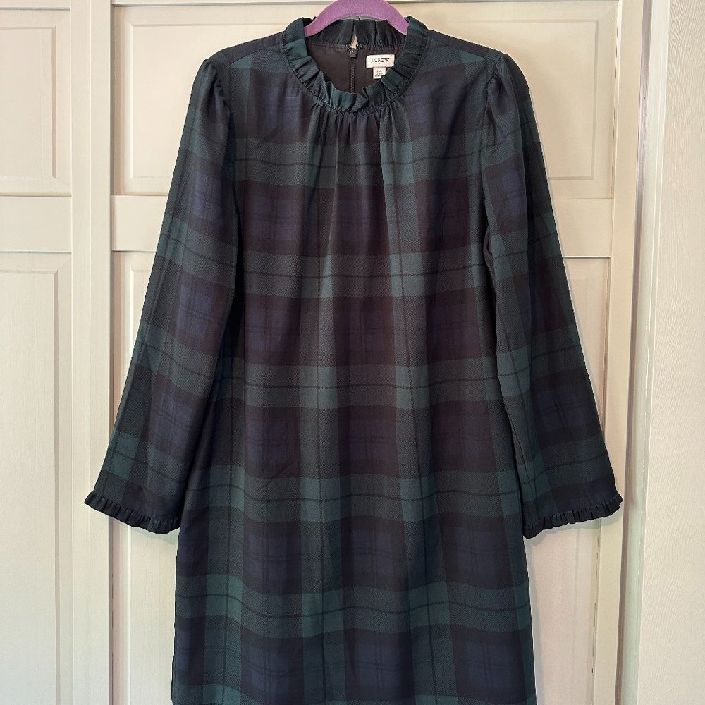 JCrew Ruffleneck shift dress in Black Watch plaid
